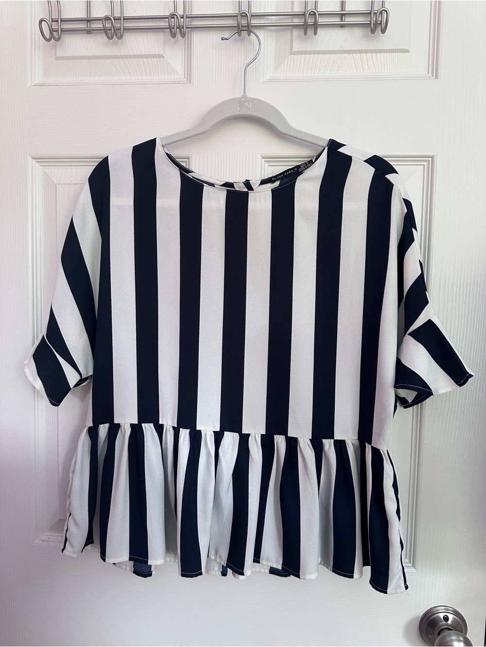 Striped Peplum Short-Sleeve Top - Navy & White